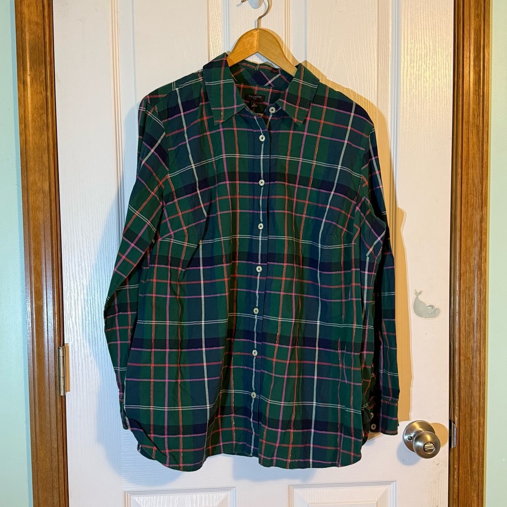 Talbots Plus Festive Green/Black/Red Metallic Plaid Button Up Blouse 1X